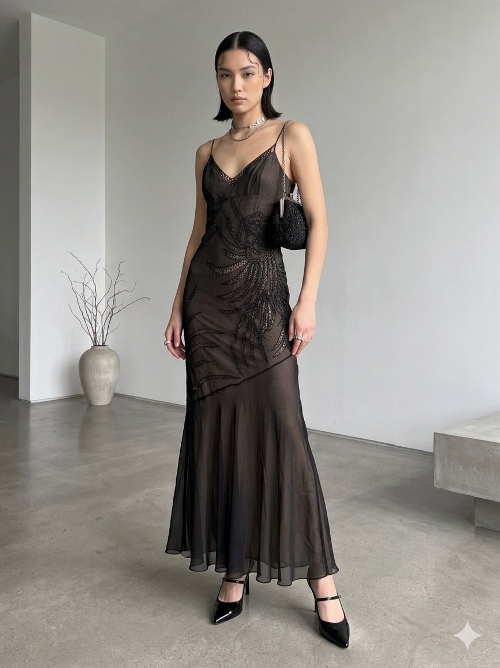 Vintage 90s BCBG MaxAzria Black Silk Beaded Maxi Dress | ASO Tell Me Lies - US 6